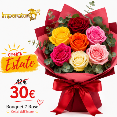 Estate Fiorita – Bouquet di 7 Rose Colorate con Eucalipto