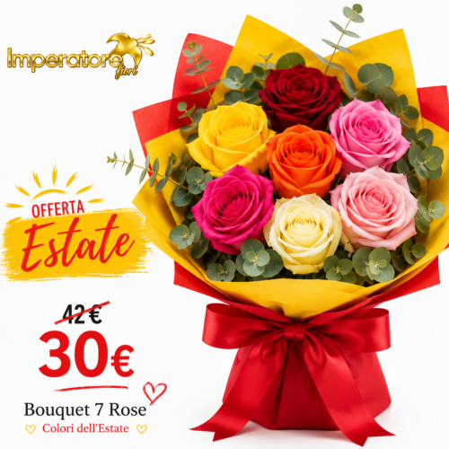 Estate Fiorita – Bouquet di 7 Rose Colorate con Eucalipto