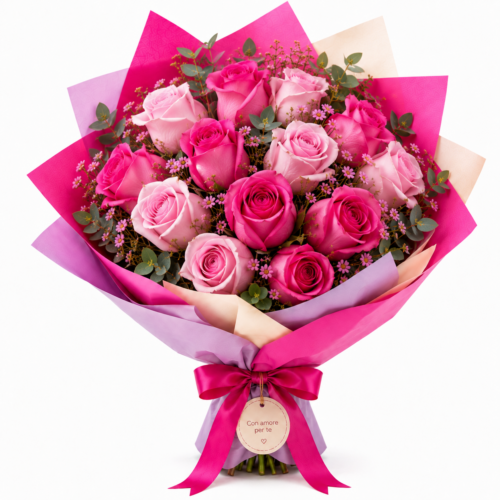 Bouquet di Rose Rosa e Fucsia con Verde Decorativo – Elegante e Romantico
