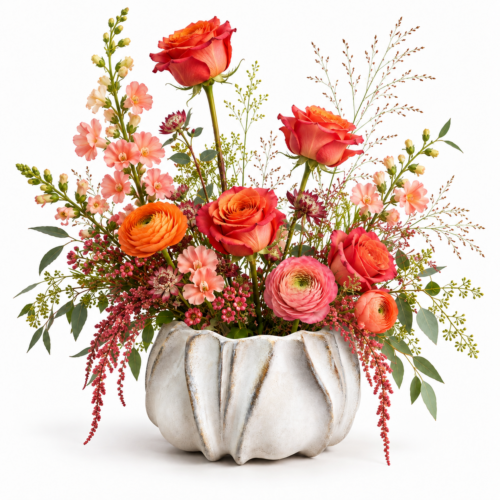 Equilibrio di Colori – Composizione Floreale in Vaso con Rose e Ranuncoli
