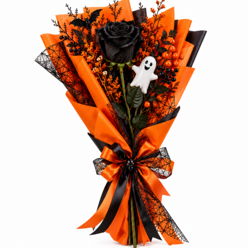 Rosa di Halloween – Rosa Nera con Fantasmino e Confezione Arancio/Nero