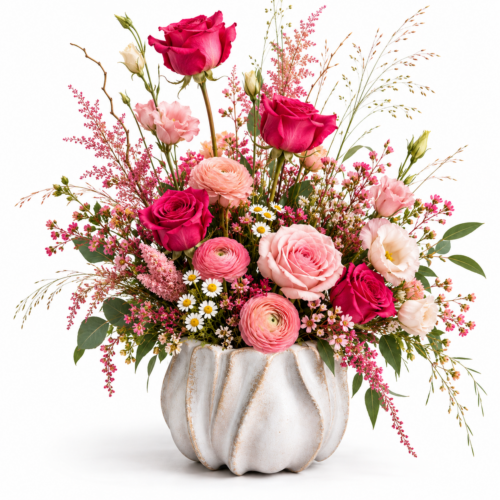 Armonia Rosa – Composizione Floreale in Vaso con Rose e Ranuncoli