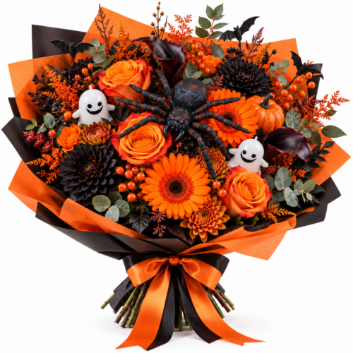 Bouquet Halloween – Fiori Arancio e Neri con Ragno e Fantasmini